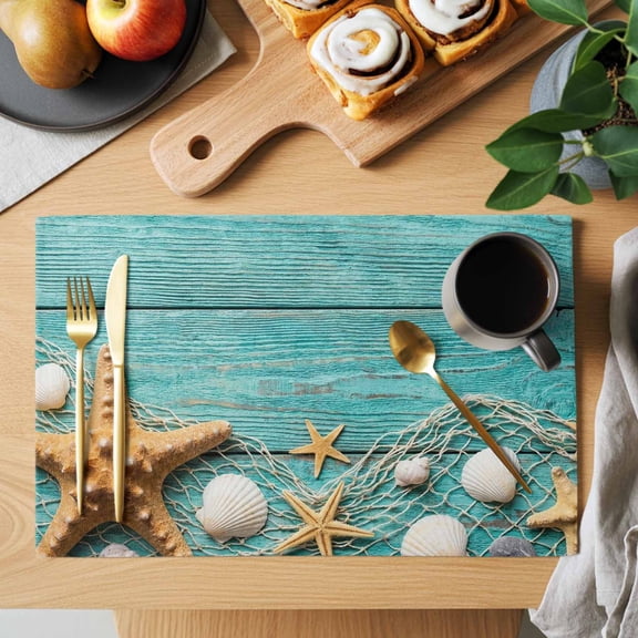 Summer Seaside Placemats Set of 1, Teal Wood Grain Starfish Shell Fishing Net Heat Insulated Linen Place Mats, Washable Stain-Proof Table Mats for Dining Tables Holiday Decor 13x19 Inches