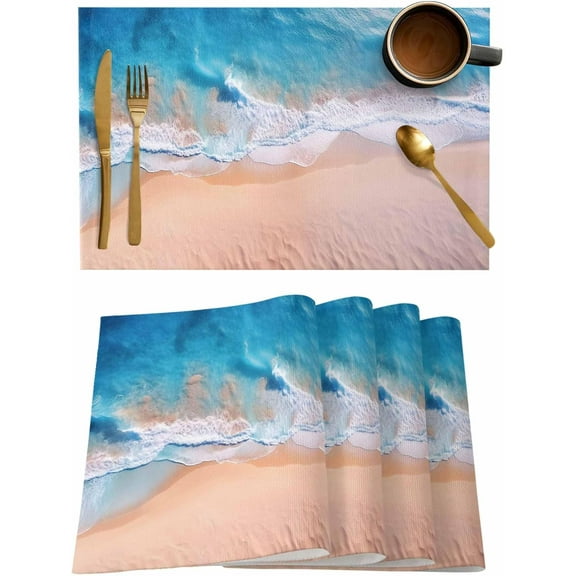 Summer Seaside Placemats Set of 6,Washable Woven Burlap Cloth Fabric Placemat for Square/Rectangle/Round/Oval Dining Table,Easy Clean Place Mats for Kids Coastal Beach Abstract Modern Blue Painting