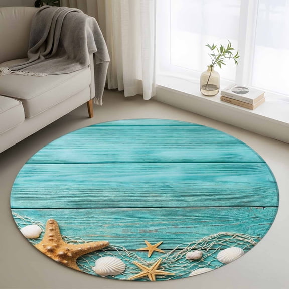 Summer Seaside Round Rugs for Living Room 3ft Teal Wood Grain Starfish Shell Fishing Net Non Slip Circle Rug Washable Low-Profile Indoor Carpet for Bedroom, Dining Room, Bathroom