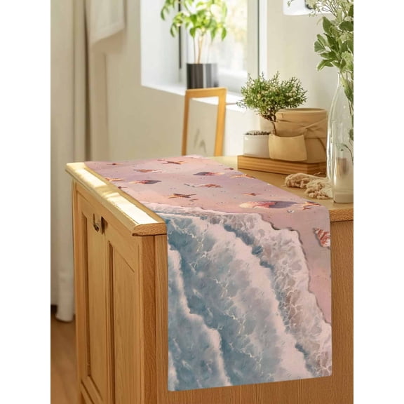 Summer Seaside Sea Stars Pearls Sea Nuts Table Runner 36 Inches Long,Kitchen Dining Tablerunners Beach Waves Linen Table Runners Dresser Scarves for Home Dinner Wedding Holiday Party Decor