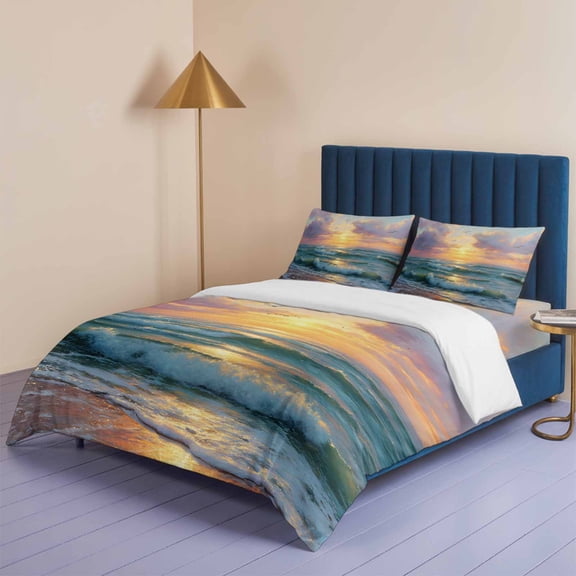 Summer Seaside Sunset Seagull Queen Size Bed Set,Coastal Ocean Beach Theme Bedding for All Seasons,4 Pcs Bed Set,1 Quiltcover (90"x90"),1 Sheet (90"x102"),2 Pillowcases (20"x30")