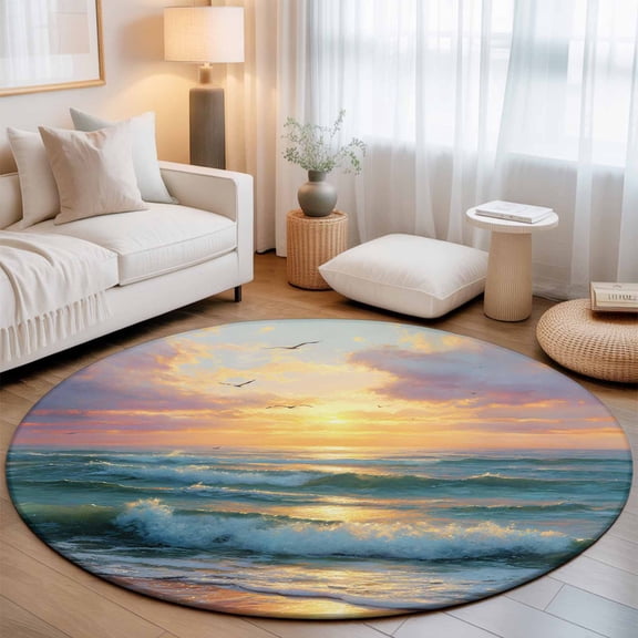Summer Seaside Sunset Seagull Round Rug 5ft Coastal Ocean Beach Theme Washable Area Rugs for Living Room Bedroom Entryway Non Slip Entrance Door Mat Indoor Floor Carpet
