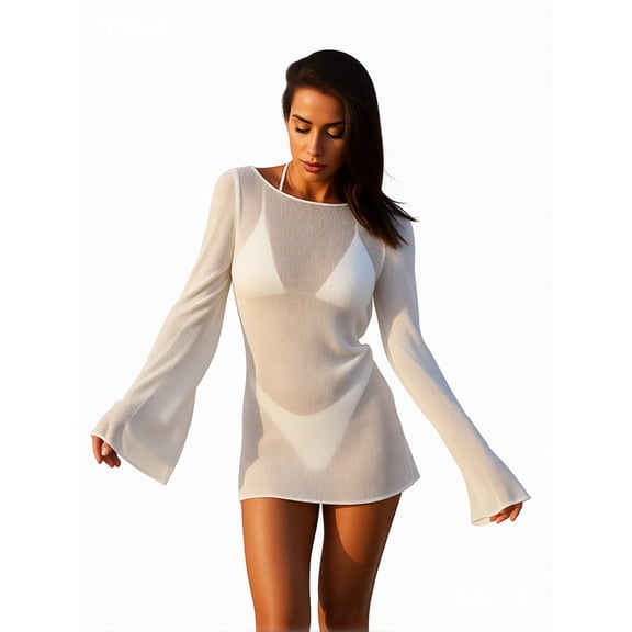 Summer Seaside Women's Solid Knit Mini Dress 2029 Sexy Backless Bell Sleeve See Through Short Dress Beach Swimsuit Cover