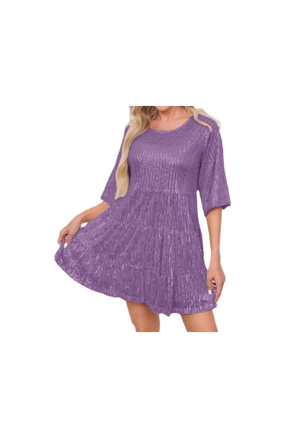 Summer Sequin Babydoll Dress for Women Fashion Sparkly Glitter Party Club Mini Dress Flowy Tiered Tunic Dress