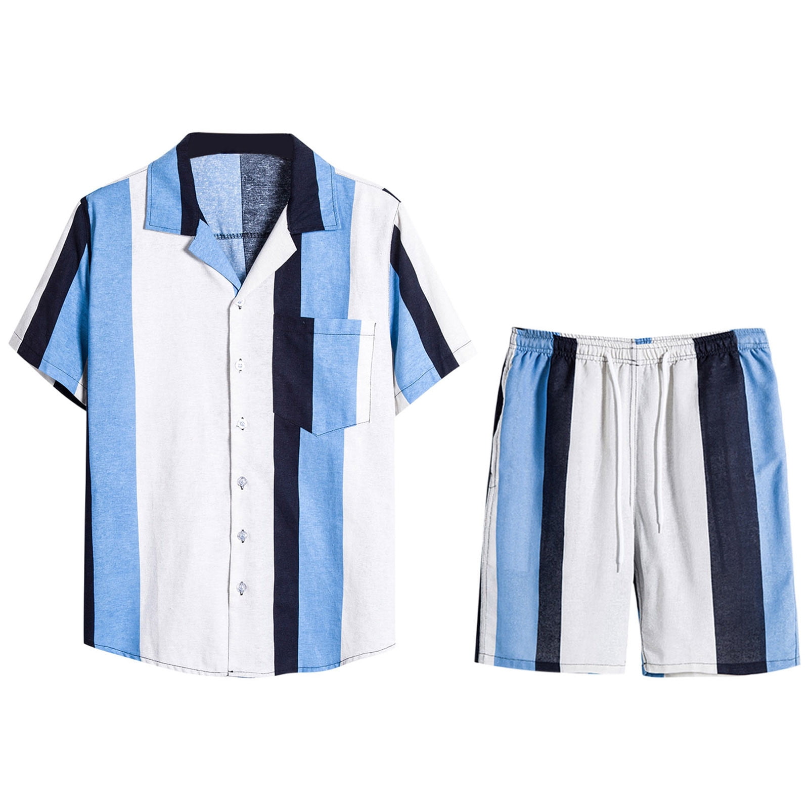 Summer Men Short Sleeve T-Shirt+Shorts Outfit Lapel Neck 2-Piece Set  Sweatsuit