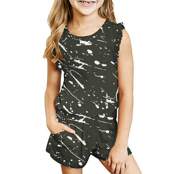 Summer Sets For Girls Clearance Fashion Printed Girls' Casual Sleeveless Ruffle Tops Elastic Waist Short Sets With Pockets Clothing Set For Baby Girl