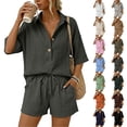 thumbnail image 1 of Summer Sets Linen Sets for Women 2 Piece Short Sleeve Shirt and Shorts Beach Outfits Casual Fashion Comfortable Solid Color Suits Light Gray S, 1 of 6