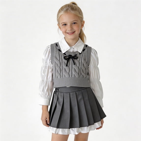 Summer Sets Long Sleeve Shirt and Knitted Vest and Skirts Girls Three Piece Outfits Size 6-7 Years Girls Clothes