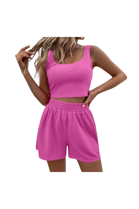 Summer Sets Women 2 Piece Outfits Two Piece Outfits Women Summer Shorts Sets 2 Sleeveless Matching Crop Top And High Waisted Shorts For Swimming Suit for Long Maternity Dress Shirt plus Size S Pink XL
