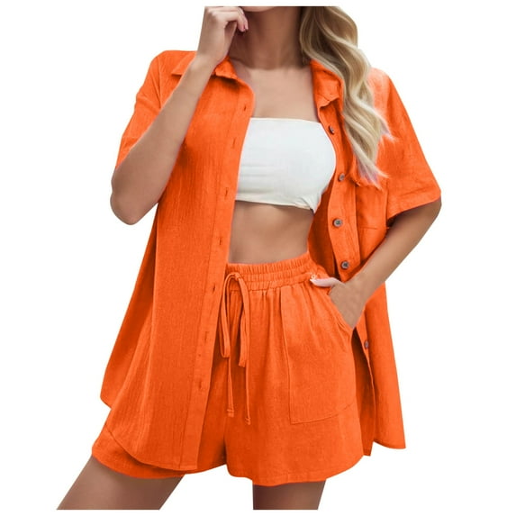 Summer Sets Women 2 Piece Outfits Women's Fashion Casual Suit Solid Color Summer Shorts And Shirt Top Two Piece Sets Lapel Shirt Slim Suits L Swim Short Bottoms for Women Bathing Suits with Orange XL