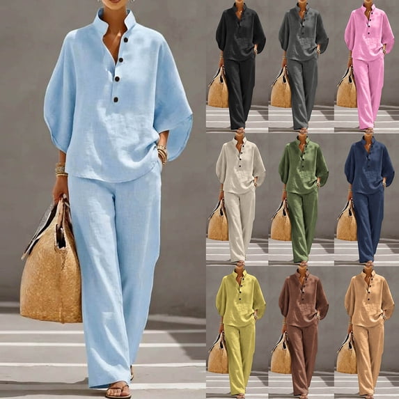 Summer Sets Women Ndbuld Women's Summer And Linen Set Casual V-neck Top+wide Leg Pants Set Two-piece Set Yellow L