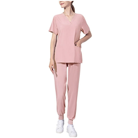 Summer Sets for Women 2 Piece New Women's Short-Sleeved Solid Color Pocket V-Neck Nurse Suit Vacation Pajamas for Women Set B-29 Pinky 3XL