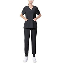 Summer Sets for Women 2 Piece Outfit New Women's Short-Sleeved Solid Color Pocket V-Neck Nurse Suit Travel Outfits for Women Summer B-29 Black 4XL