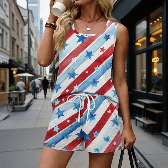 Summer Sets for Women American Flag Graphic Two Piece Usa Sets Patriotic Usa Shirt Red White Blue America 250 Clothes