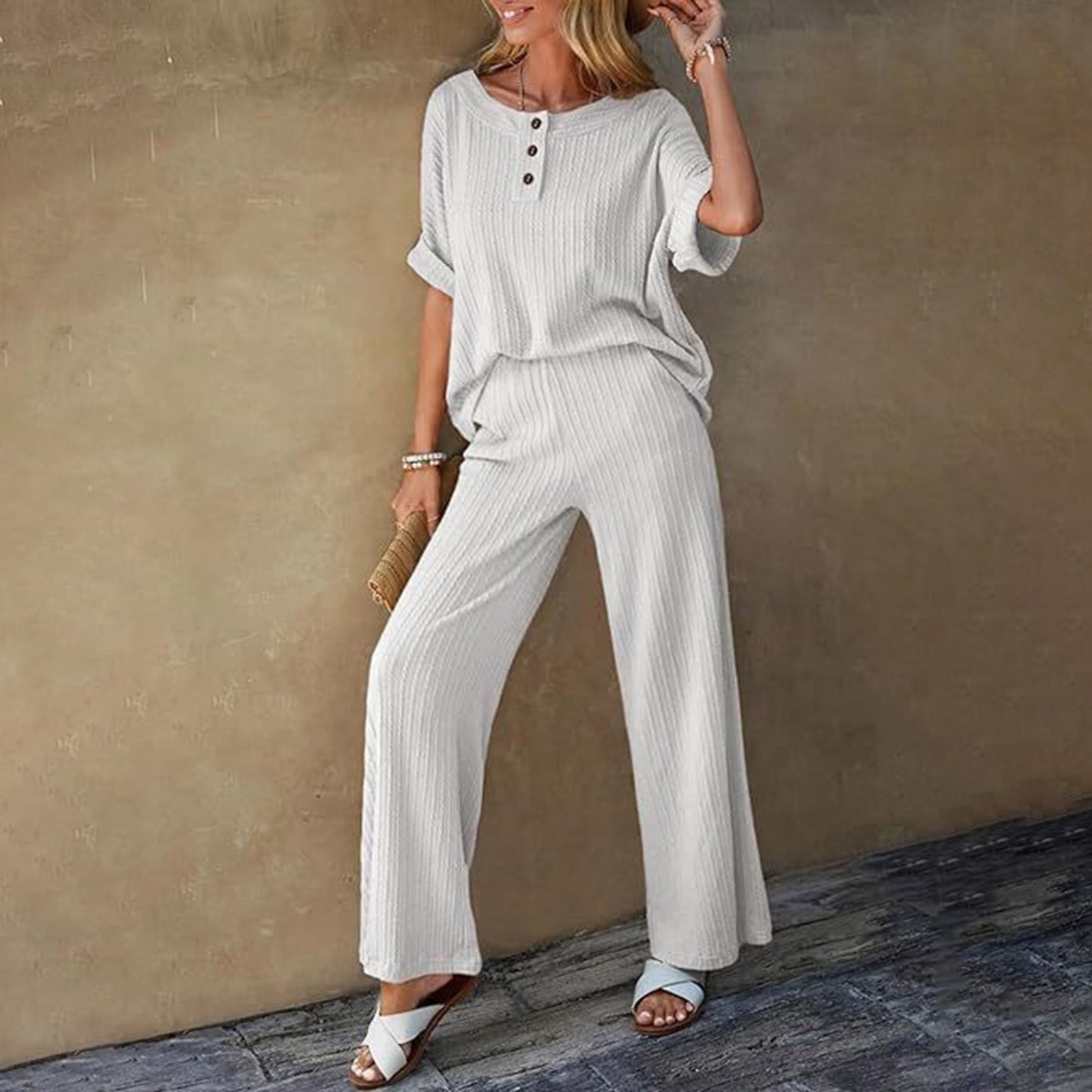 Round Neck Dropped Shoulder Top and Pants Lounge Set main image 1
