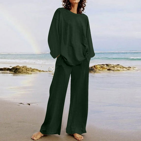 Summer Sets for Women Petite Vacation Outfits for Women Long Sleeved Round Neck Top/Straight Tube With Pocket Long Pants Set