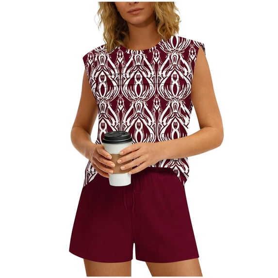 Summer Sets for Women Printed Floral Two Piece Matching Vacation Sets Pleated Front Cap Sleeve Tops and Drawstring Waist Shorts