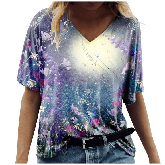 Summer Sexy Fold Print Regular Women Short Sleeve V Neck Button Tops