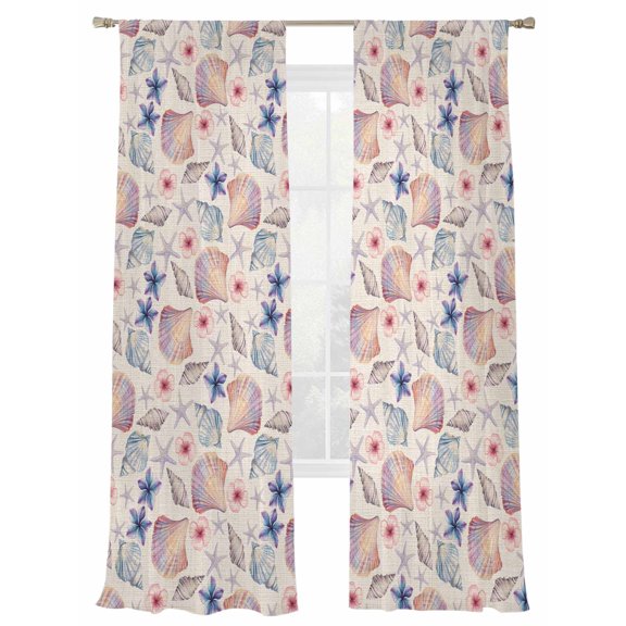 Summer Sheer Curtains 2 Panels Set Flowers Starfish Shell Linen Texture Sheer Window Curtains Light Filtering Rod Pocket Voile Drapes for Bedroom Living Room 52"X96"