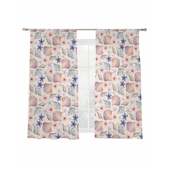 Summer Sheer Curtains 2 Panels Set Flowers Starfish Shell Linen Texture Sheer Window Curtains Light Filtering Rod Pocket Voile Drapes for Bedroom Living Room 52"X72"