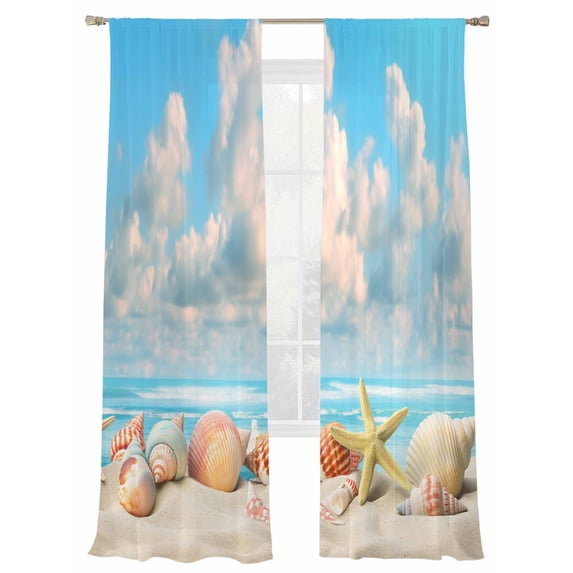 Summer Sheer Curtains 96 Inch Long 2 Panels, Shell Conch Starfish Ocean Beach Light Filtering Rod Pocket Curtains, Sheer Voile Drapes for Living Room Bedroom, 52"x96"