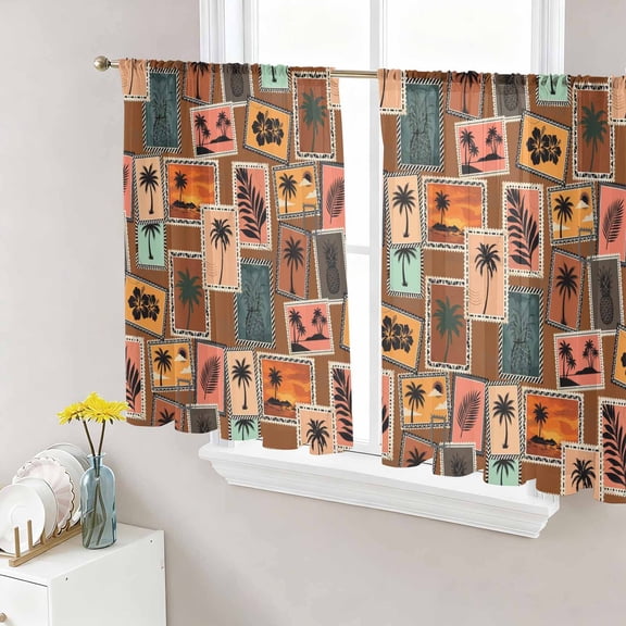 Summer Sheer Curtains for Living Room Bedroom, Holiday Vacation Pineapple Tropical Trees Travel Stamp Light Filtering Sheer Curtain Rod Pocket Voile Window Treaments Drapes, 52 x 45 Inches