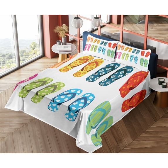Ambesonne Summer Fitted & Top Sheet Set with Shams, Holiday Themed Slippers, Multicolor