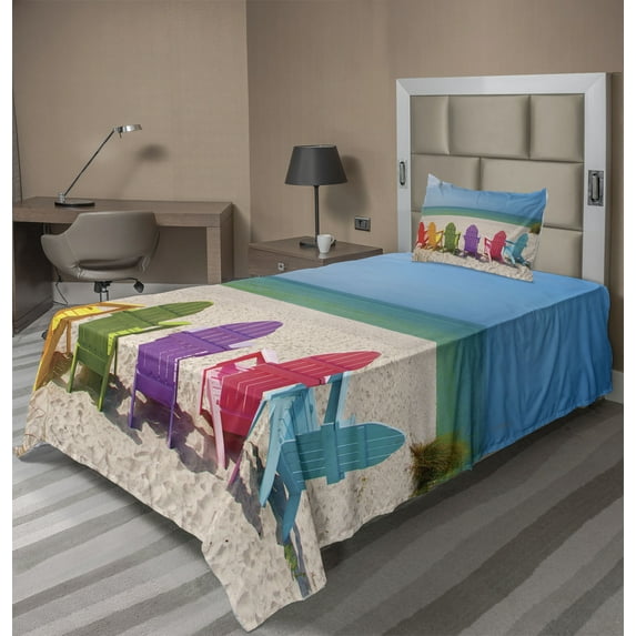 Ambesonne Summer Fitted & Top Sheet Set with Sham, Colorful Wooden Deckchairs, Multicolor