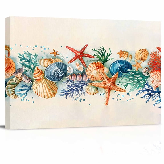 Summer Shell Canvas Print Wall Art Starfish Beach Coral Watercolor Pictures Painting Morden Artwork for Living Room Bedroom, Ready to Hang - 12"x16"