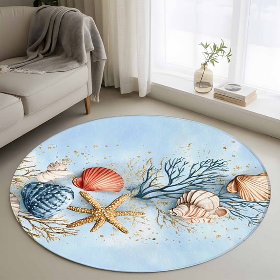 Summer Shell Round Area Rugs 3 ft, Ocean Coral Starfish Marine Life Washable Small Area Rug with Non-Slip Sturdy Edge Binding Round Front Door Mat Floor Carpet for Entryway