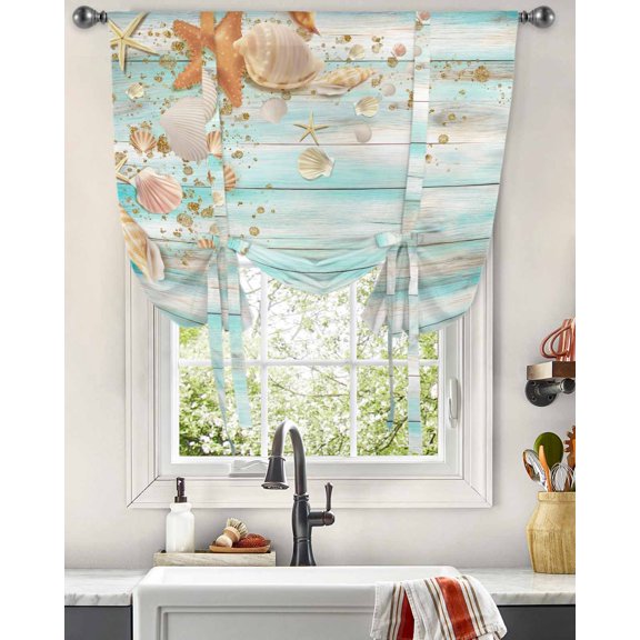 Summer Shell StarWooden Board Window Curtains Tie Up Curtains for Kitchen Living Room Adjustable Rod Pocket Valances