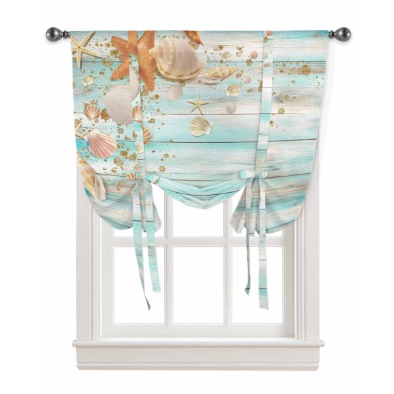 Summer Shell StarWooden Board Window Curtains Tie Up Curtains for Kitchen Living Room Adjustable Rod Pocket Valances