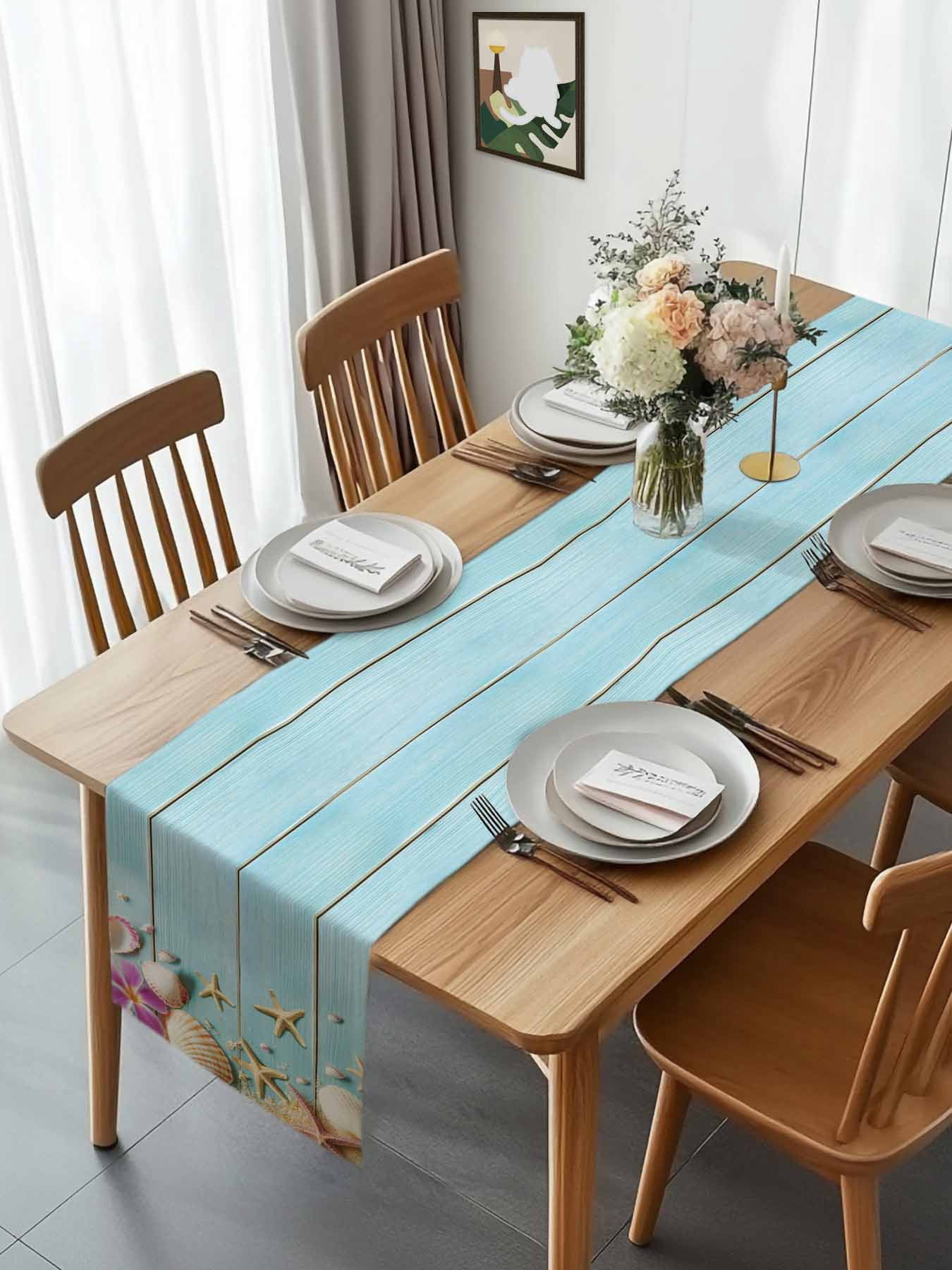 Summer Shell Starfish Flower Table Runner 90 Inches Long, Farm Blue Wood Board Table Runners Tabletop Scarf Kitchen Dining Tables Decoration for Home Party Indoor Outdoor