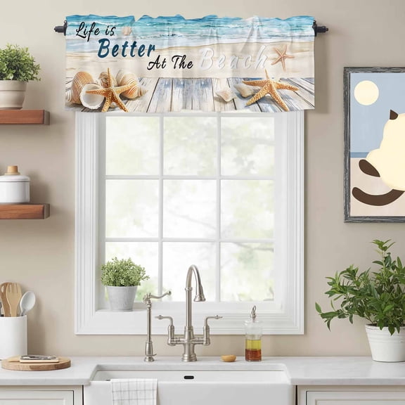 Summer Shell Starfish Ocean Waves Valances for Windows,Kitchen Valance Rod Pocket Short Curtain, Coastal Beach Valance Curtain Window Valances for Bedroom Bathroom Living Room 54x18in