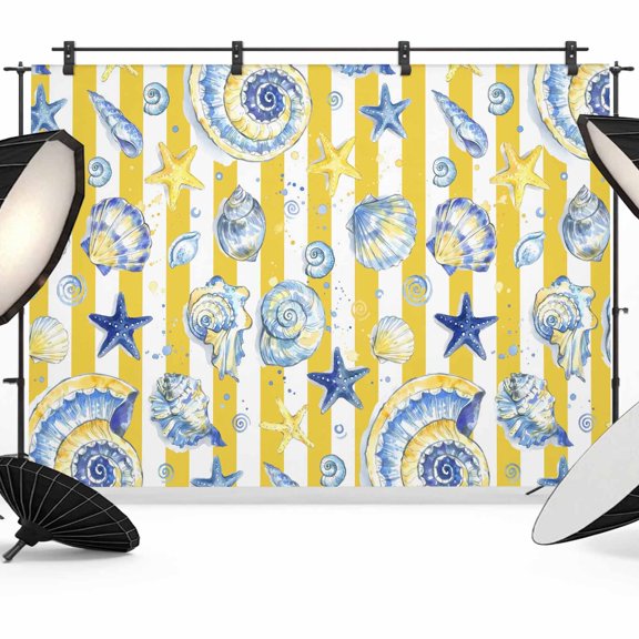 Summer Shells Photography Backdrop 12x8FT, Coastal Modern Conch Starfish Yellow Stripes Photo Backdrops, Background for Photography Studio Photo Studio Background, Back Drop for Photoshoot