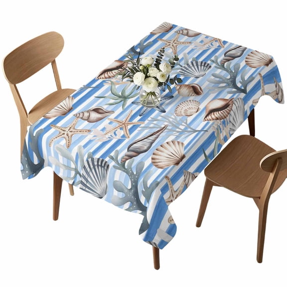 Summer Shells Rectangle Tablecloth Ocean Marine Life Starfish Coral Blue Striped Waterproof Wrinkle Free Soft Table Cloth Spill-Proof Washable Table Cover for Dining Party Picnic 60 x 102 Inch