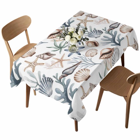 Summer Shells Rectangle Tablecloth Ocean Marine Life Starfish Coral Conch Coastal Waterproof Wrinkle Free Soft Table Cloth Spill-Proof Washable Table Cover for Dining Party Picnic 60 x 102 Inch