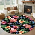 thumbnail image 1 of Summer Shells Round Living Room Rugs 6 ft, Starfish Tropical Flowers Black Background Washable Area Rug with Non-Slip Sturdy Edge Binding Round Carpet for Kitchen Office Bedroom, 1 of 9