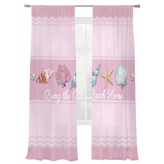 Summer Shells Sheer Curtains 108 Inch Long 2 Panels, Watercolor Bring The Beach Home Sea Nuts Ocean Stars Pink Light Filtering Rod Pocket Curtains, Sheer Voile Drapes for Living Room, 52"x108"