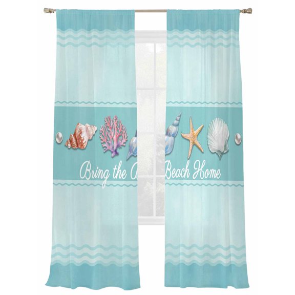 Summer Shells Sheer Curtains 108 Inch Long 2 Panels, Watercolor Bring The Beach Home Sea Nuts Stars Blue Green Light Filtering Rod Pocket Curtains, Sheer Voile Drapes for Living Room, 52"x108"