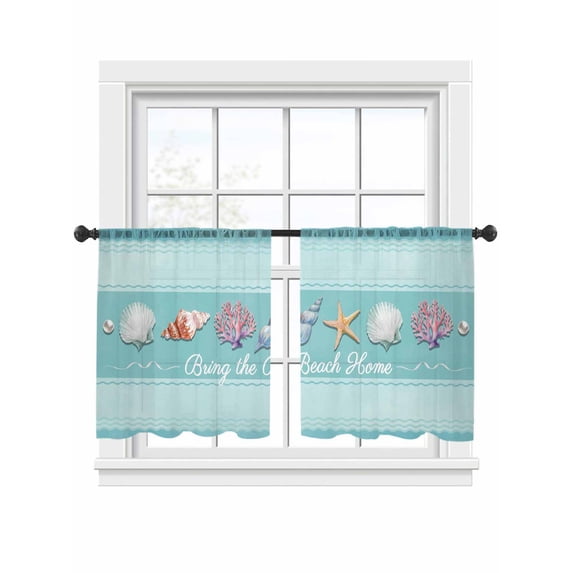 Summer Shells Sheer Curtains 2 Panels Set Watercolor Bring The Beach Home Sea Nuts Stars Blue Green Sheer Window Curtains Light Filtering Rod Pocket Voile Drapes for Bedroom Living Room 52"x54"