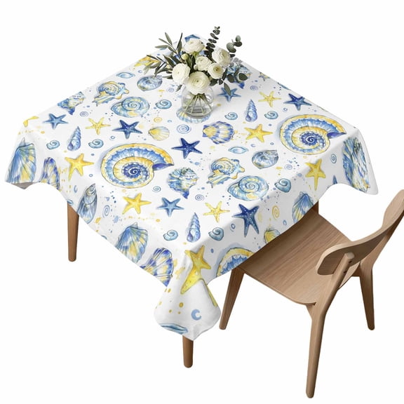 Summer Shells Square Tablecloth Watercolor Coastal Modern Bubbles Conch Starfish Waterproof Wrinkle Free Soft Table Cloth Spill-Proof Washable Table Cover for Dining Party Picnic 54 x 54 Inch