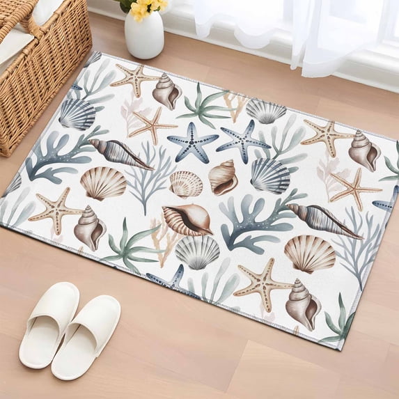 Summer Shells Washable Small Entryway Area Rugs 2'x3', Ocean Marine Life Starfish Coral Conch Coastal Low Pile Throw Rug Non-Slip Sturdy Edge Binding Carpet for Front Door Floor Room Entry