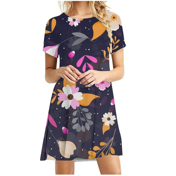 Summer Shift Dresses for Women Beach Floral Cute T Shirt Dress Sundress Casual Boho Crewneck Short Sleeve Mini Dress