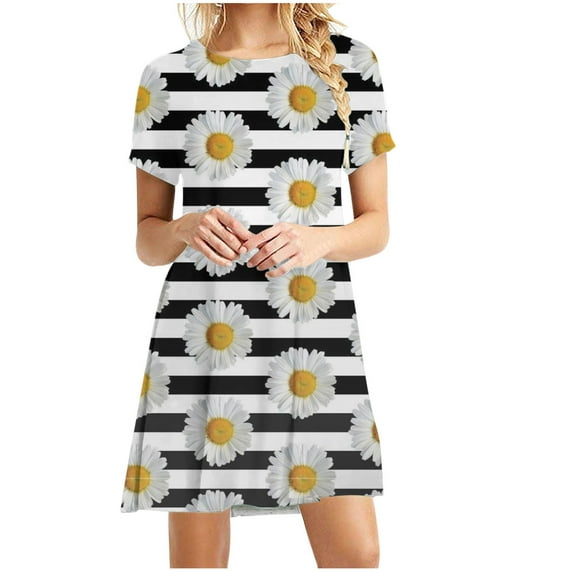 Summer Shift Dresses for Women Beach Floral Cute T Shirt Dress Sundress Casual Boho Crewneck Short Sleeve Mini Dress