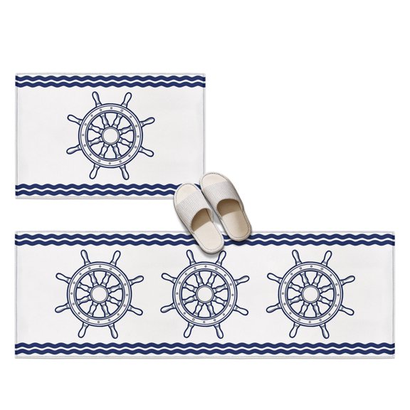 Summer Ship Wheel Helm 2 Pieces Non-Slip Kitchen Mat Set, Vintage Coastal Nautical White Blue Marine Soft Door Mat with Rubber Backing, Dirtproof Rugs for Entrance Doorway, 23.6x35.4in+23.6x70.9in