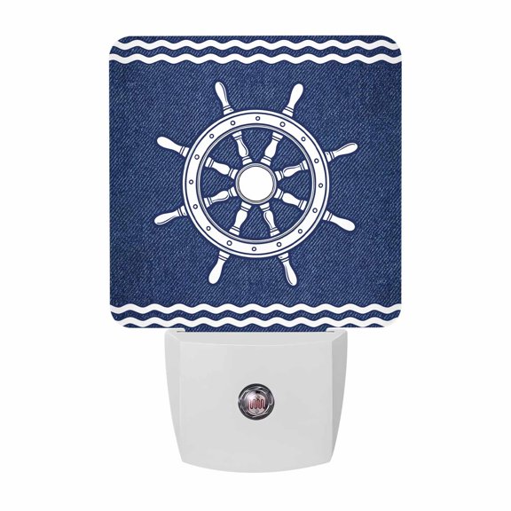 Summer Ship Wheel Helm LED Night Light, Vintage Coastal Navy Blue Denim Texture Night Lights plug into Wall with Smart Sensor Dusk to Dawn Sensor for Nursery Bedroom 2.95x4.5in