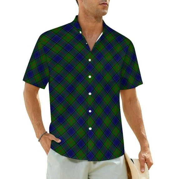Summer Shirt Beach Vintage Plaid Blouses Blue Green Black Vintage Casual Shirts Men Short