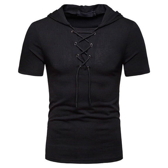 Summer Shirt For Men Fashion Solid Color Short Sleeved Hooded Lace Up Casual Summer Classic Basic Tee Shirts - Black∣XL