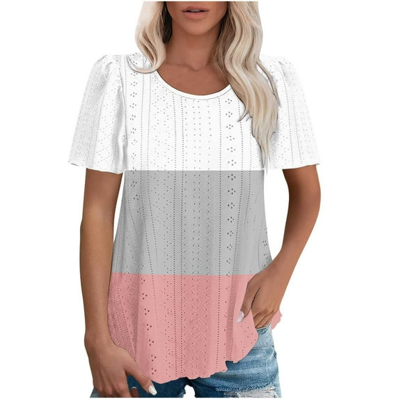 Summer Shirts For Women Sevevn Women's Color Blocked Round Neck Sleeve Short Sleeved T-shirt Womens Oversized Tee Shirts